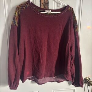 Umgee Maroon Sweatshirt with Colorful Shoulder Detail